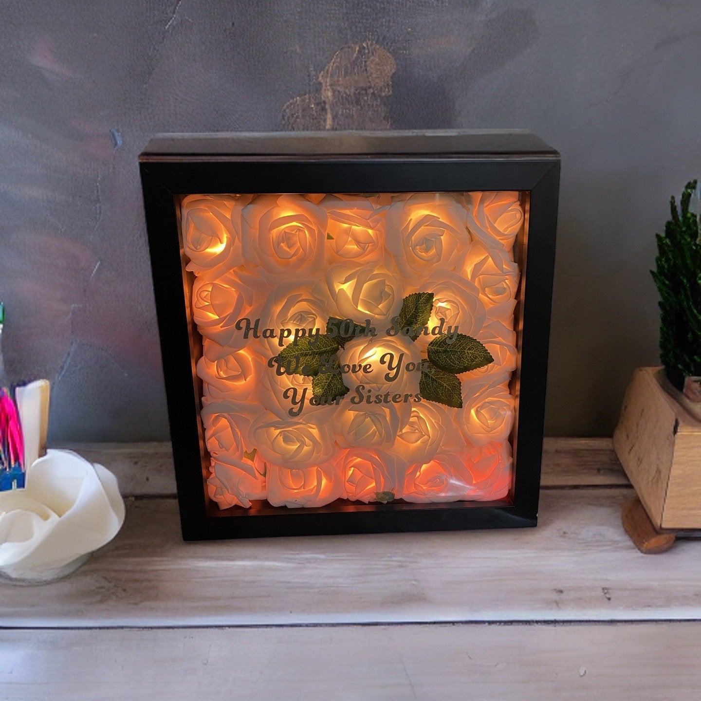Flower Shadow Box Personalize Message, Bedsids Table Lamp, Desk Lamp, Night Light