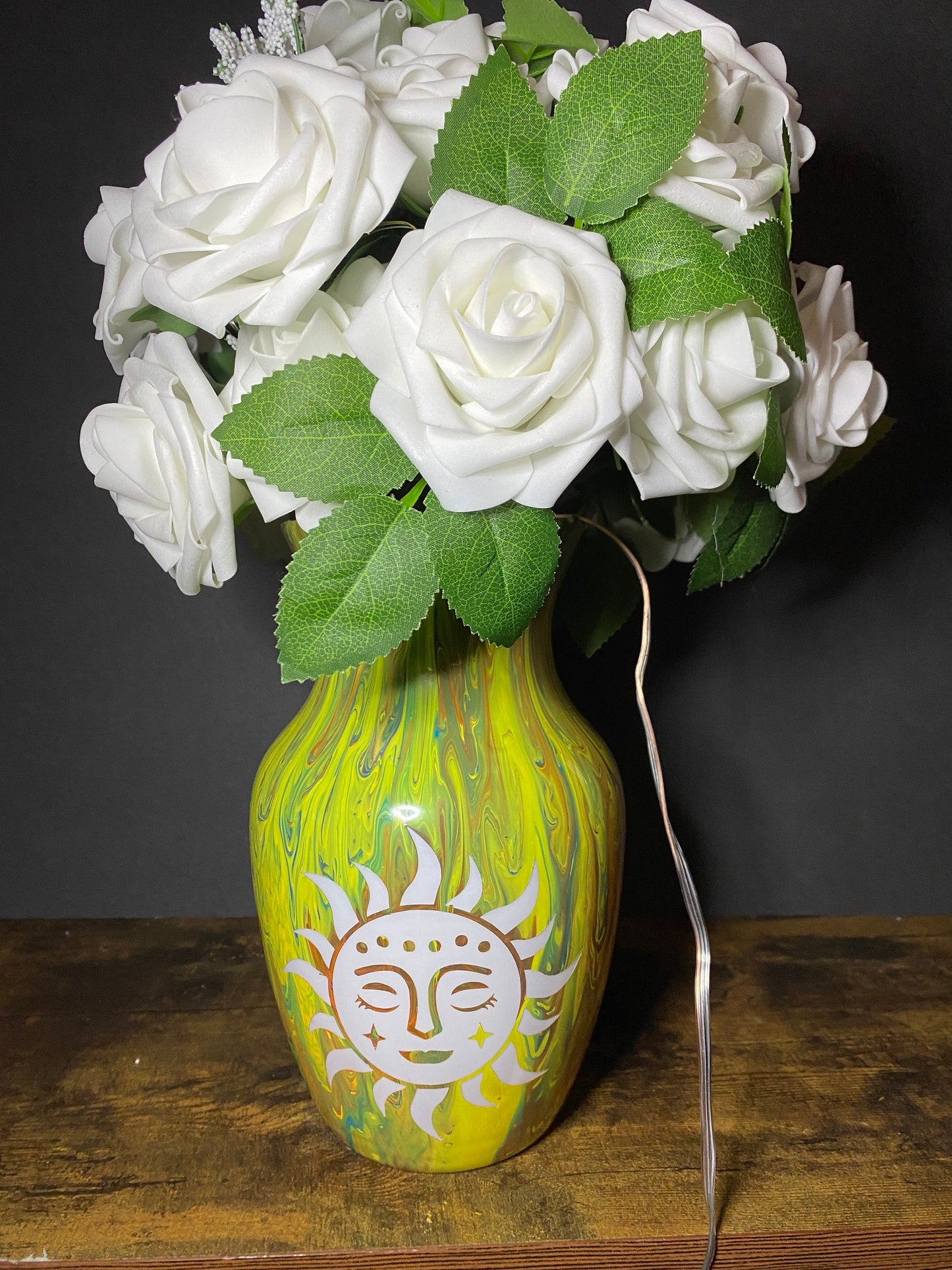 Sun Light Lamp Fairy Flowers, bedside table lamp, table centerpiece, painted vase, indie room decor