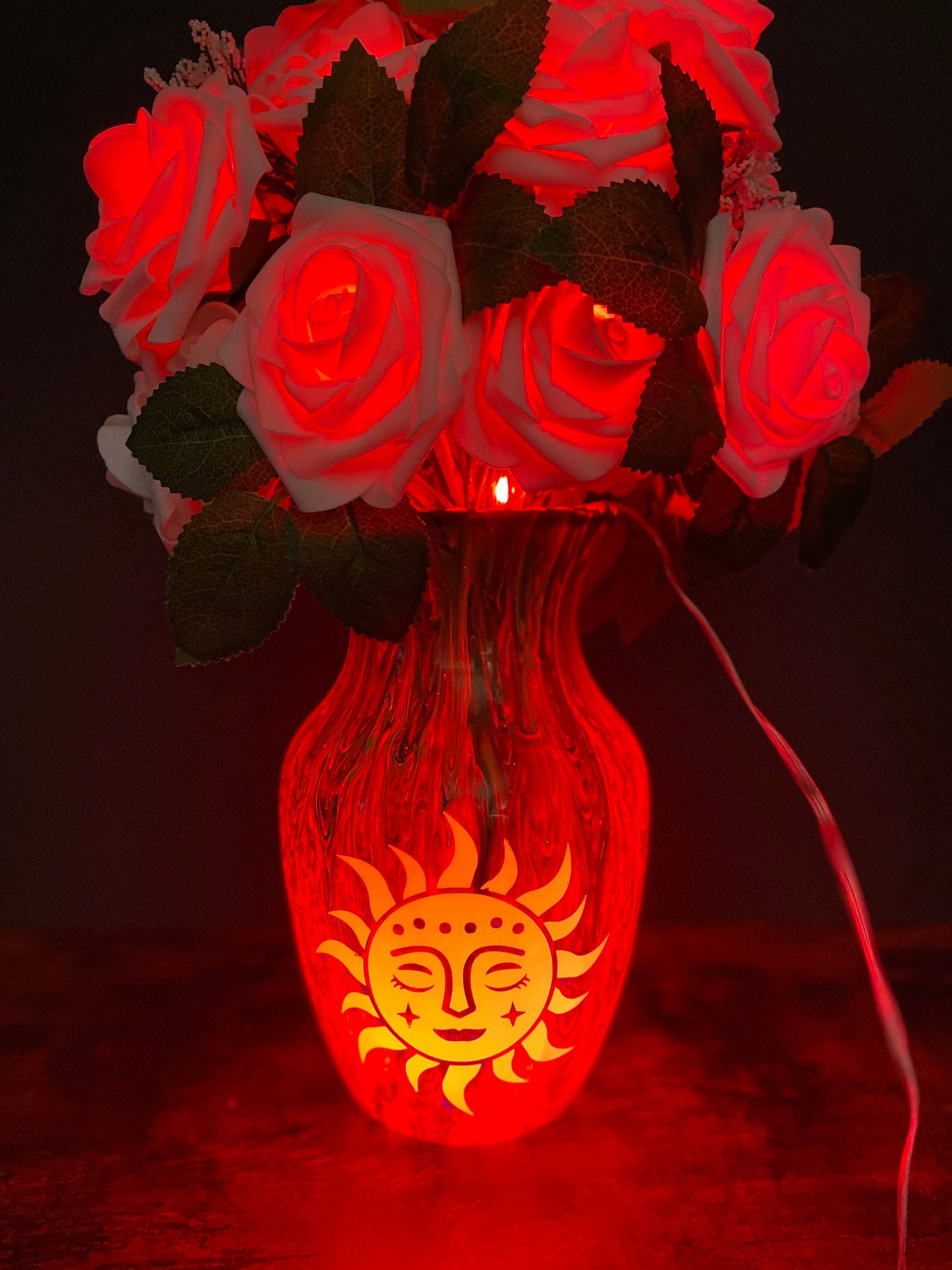 Sun Light Lamp Fairy Flowers, bedside table lamp, table centerpiece, painted vase, indie room decor