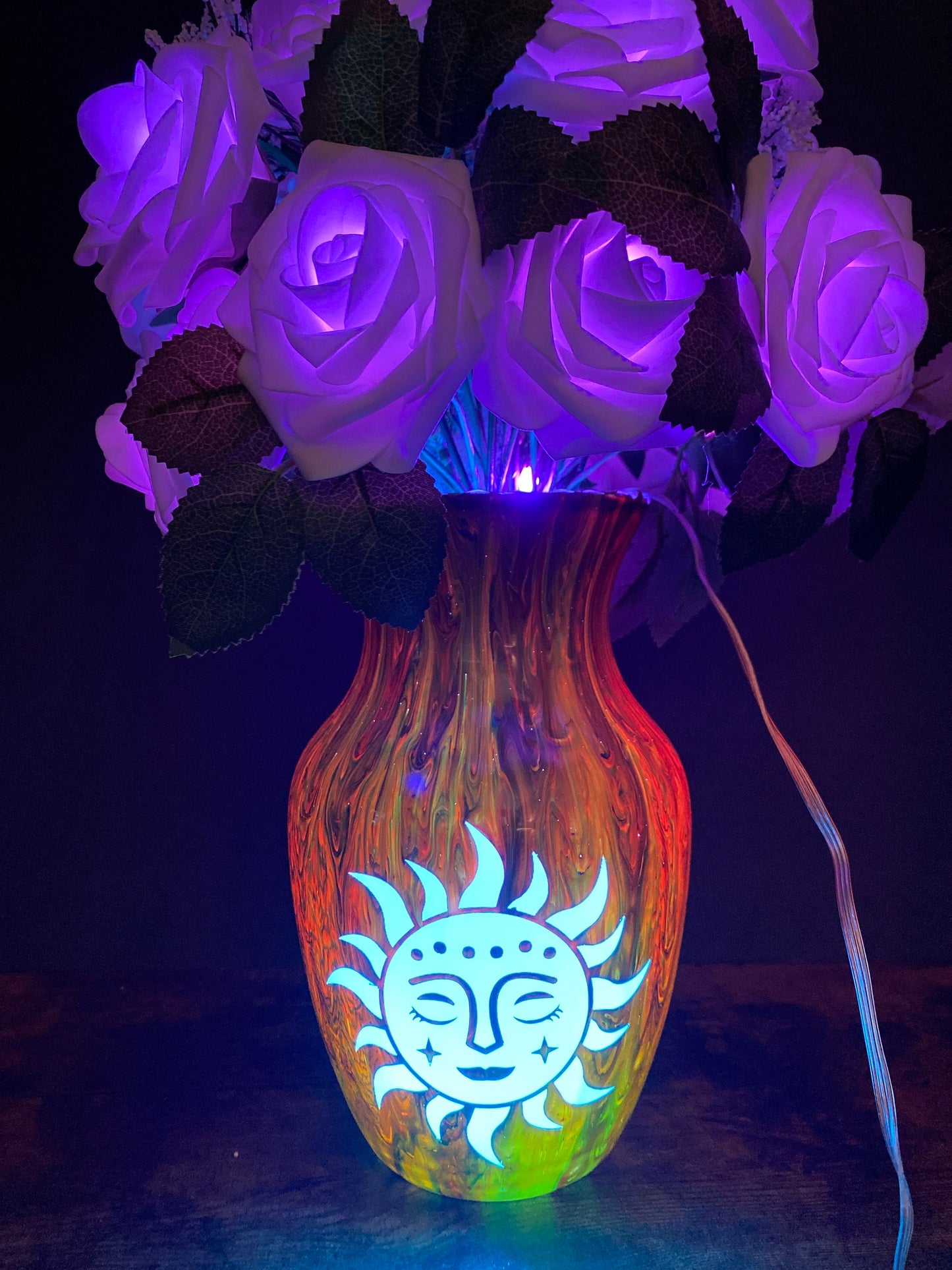 Sun Light Lamp Fairy Flowers, bedside table lamp, table centerpiece, painted vase, indie room decor