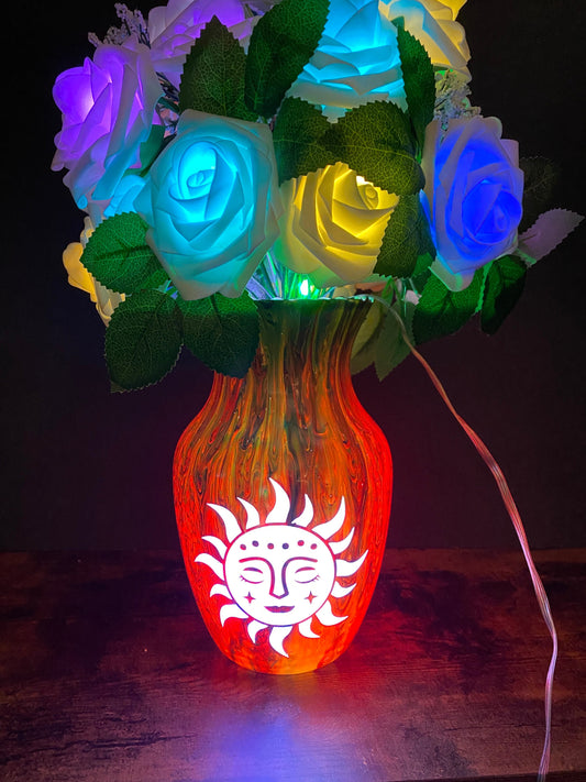 Sun Light Lamp Fairy Flowers, bedside table lamp, table centerpiece, painted vase, indie room decor