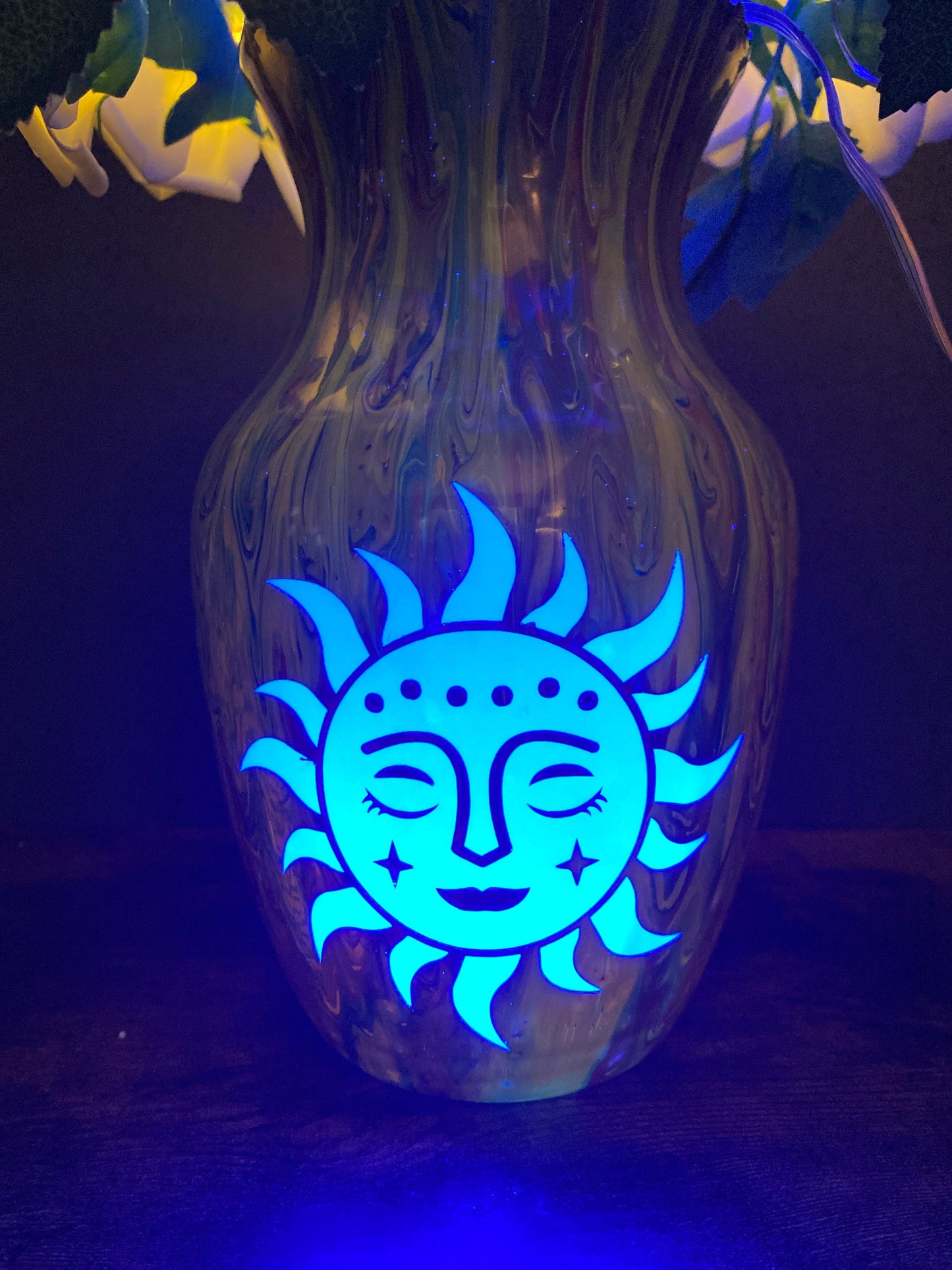 Sun Light Lamp Fairy Flowers, bedside table lamp, table centerpiece, painted vase, indie room decor